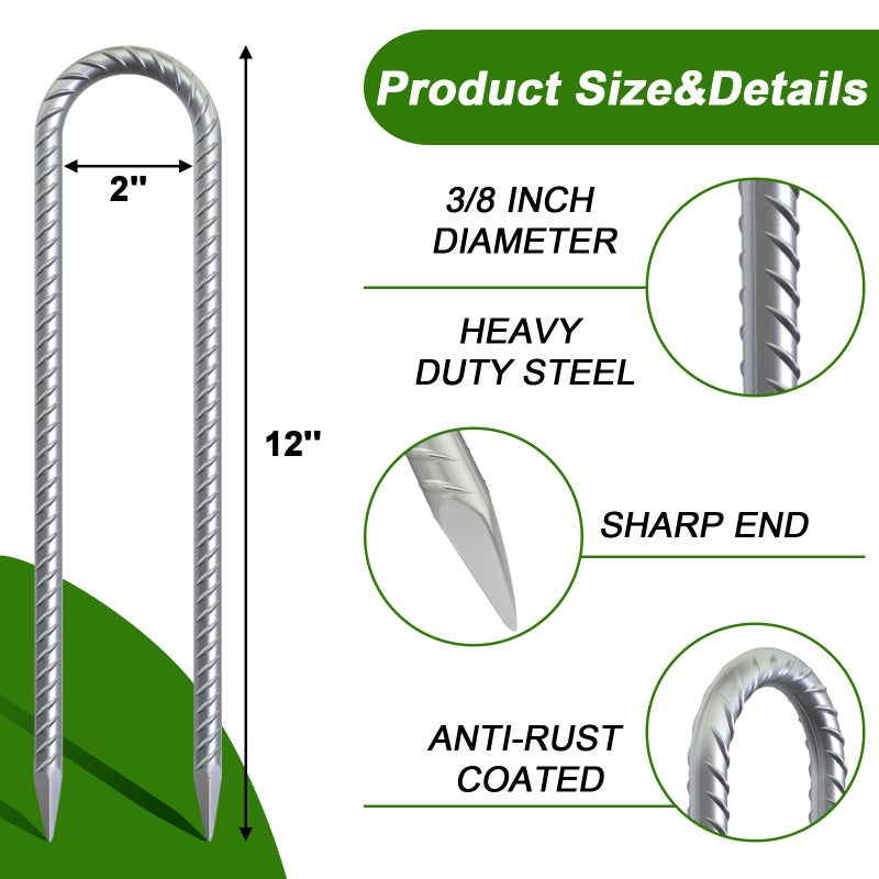 AAGUT Trampoline Stakes 12 Inch 6 Pack, 3/8 Inch Trampoline Tie Down Anchor Kit High Wind Heavy Duty, Galvanized Steel Trampolines Accessories U Shaped Ground Rebar Stakes for Soccer Goal, Swing Set - Image 2